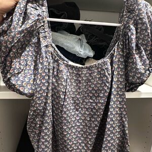 Doen Blue Floral Puff-Sleeve Peasant Blouse